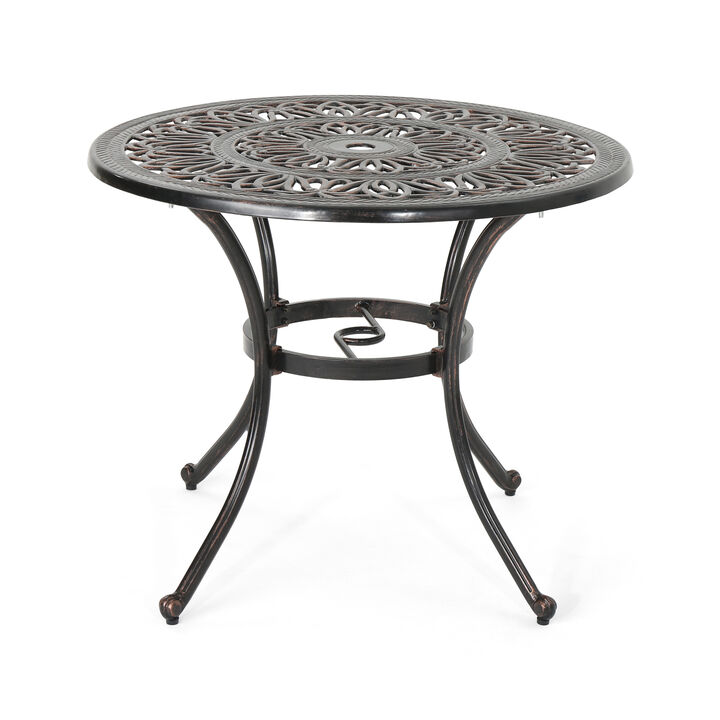 Shaili Outdoor Dining Table, Round 35 Inch Shiny Coppertone Cast Aluminum - Benzara