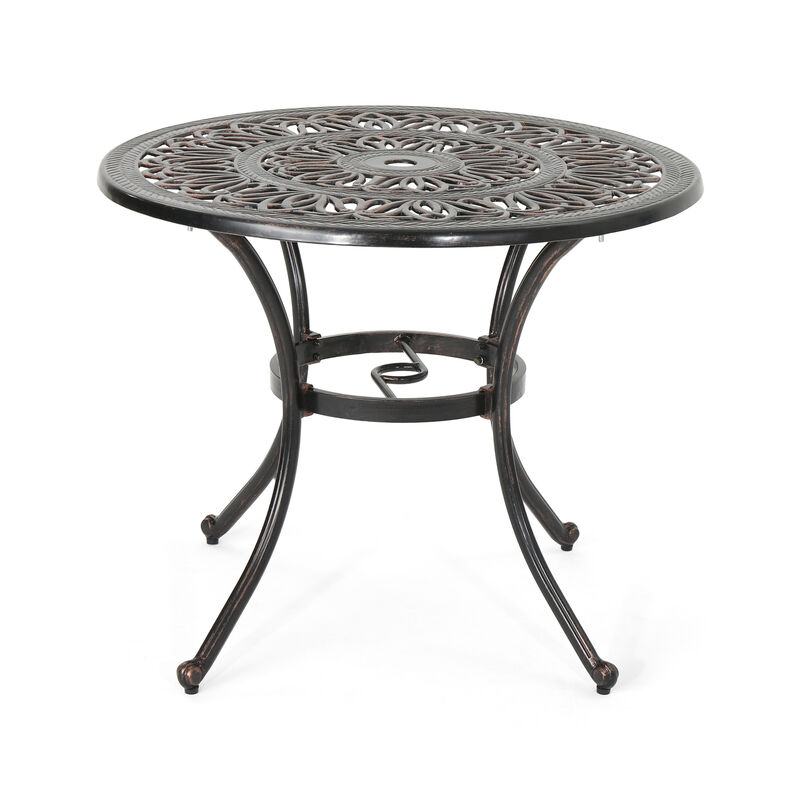 Shaili Outdoor Dining Table, Round 35 Inch Shiny Coppertone Cast Aluminum - Benzara