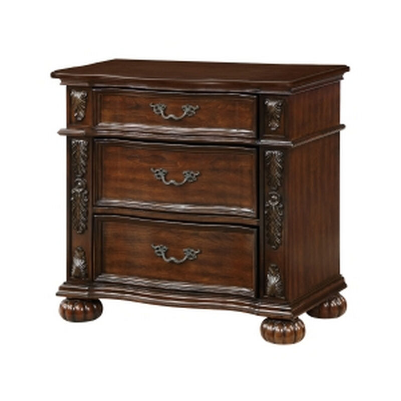 Nami 32 Inch Nightstand, 3 Drawers, Leaf Carvings, Cherry Brown Solid Wood - Benzara