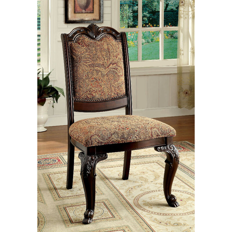Traditional Formal Set of 2 Side Chairs Brown Cherry Solid wood Chair Padded Fabric Upholstered Seat Kitchen Dining Room Furniture