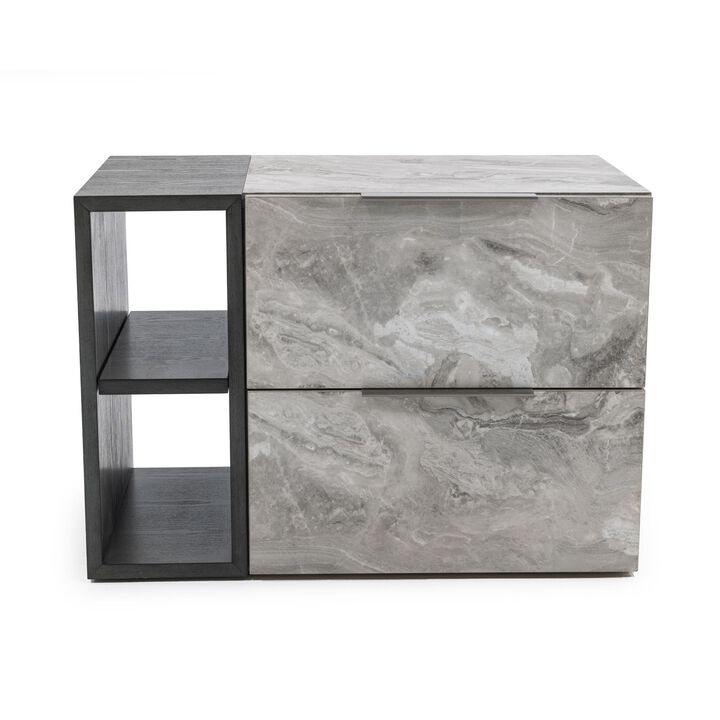 Noe Minn 26 Inch Nightstand, 2 Drawers, Faux Marble Front Panels, Gray-Benzara