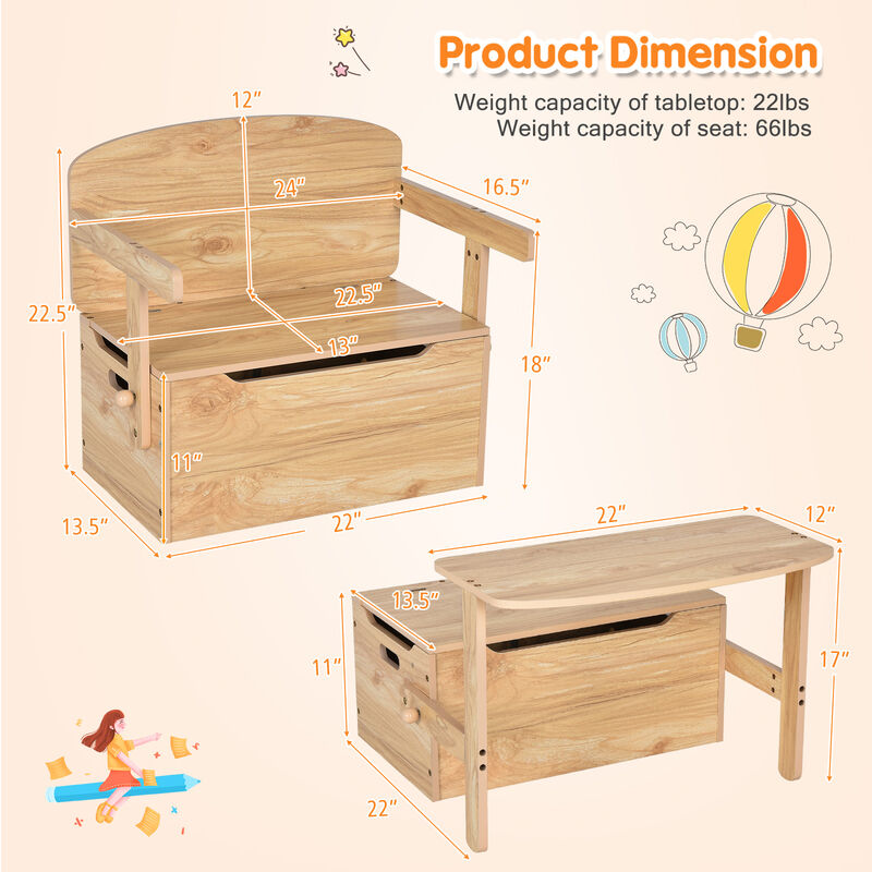 3-in-1 Kids Convertible Storage Bench Wood Activity Table and Chair Set