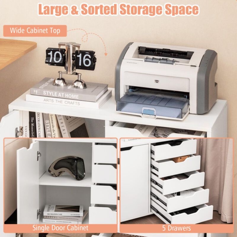 Hivvago 5-Drawer Dresser Chest Mobile Storage Cabinet with Door-White