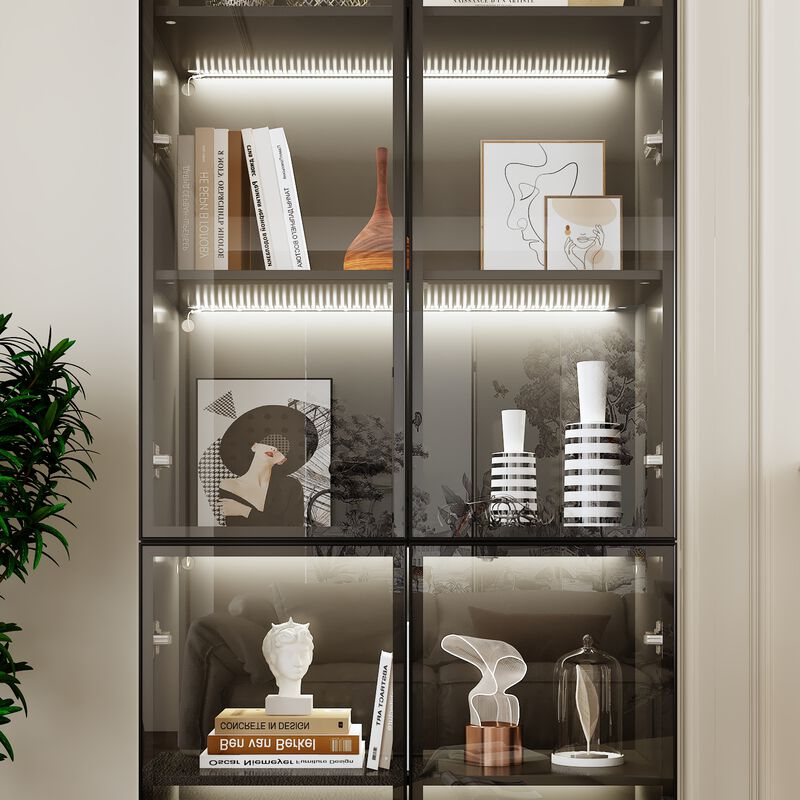 Black Wood 31.5 in. W Display Cabinet With Pop-up Tempered Glass Doors and 3-Color LED Lights