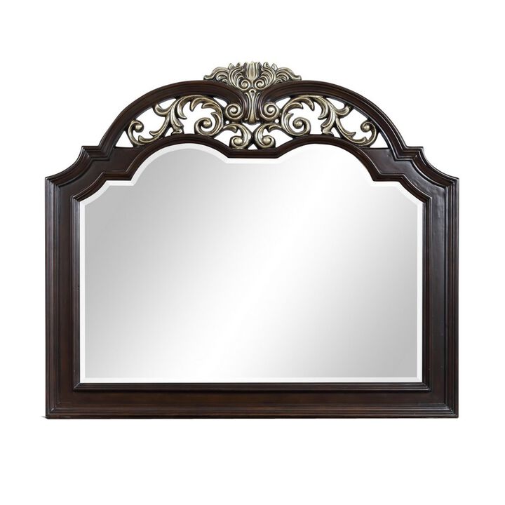 Benjara Liana 54 Inch Dresser Mirror, Crown Carvings, Wood, Tone Scrolling, Brown, Gold