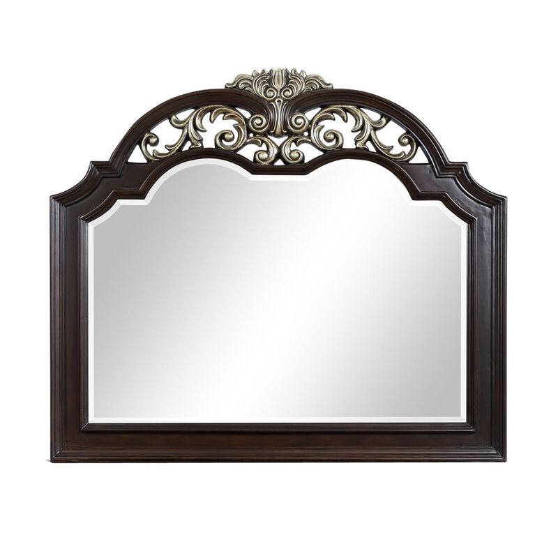 Benjara Liana 54 Inch Dresser Mirror, Crown Carvings, Wood, Tone Scrolling, Brown, Gold