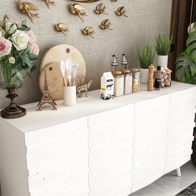 FUFU&GAGA Modern Storage Cabinet with White Embossed Design and Solid Wood Legs, Stylish Organizer for Living Room or Bedroom (55.1"W x 31.4"H x 15.7"D),White