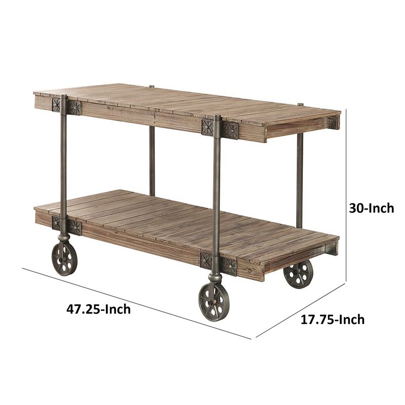 Loak 47 Inch Sofa Table, Plank Design, 1 Shelf, Wheels, Brown, Black - Benzara