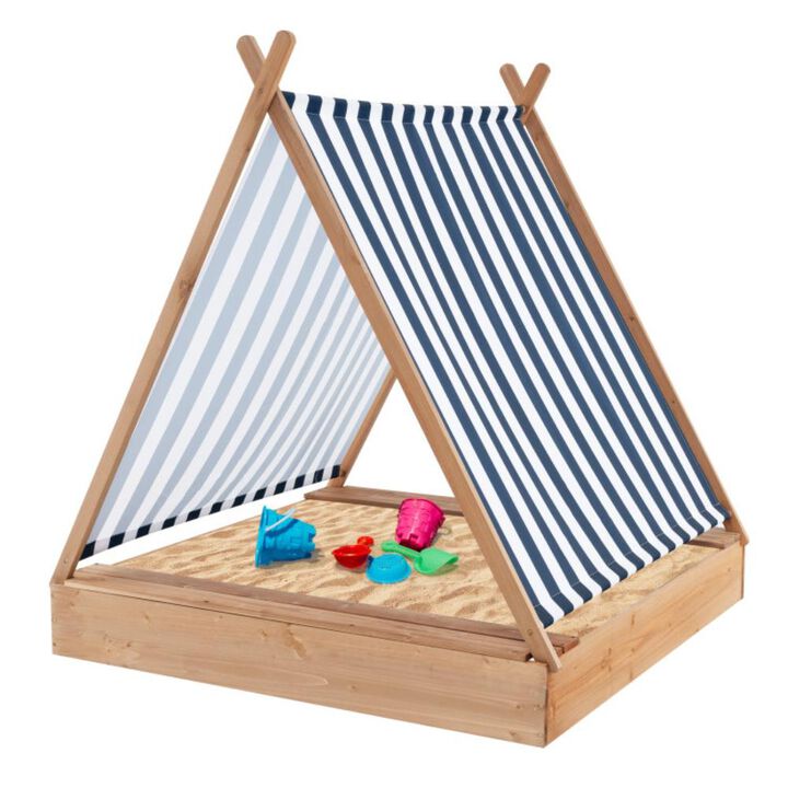 Hivvago 49 x 48 Inch Kids Wooden Sandbox with Cover and 2 Bench Seats