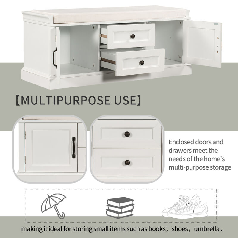Storage Bench With 2 Drawers And 2 Cabinets, Shoe Bench With Removable Cushion For Living Room