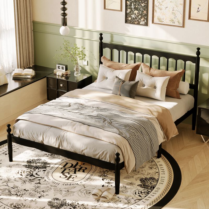 FUFU&GAGA Modern Black Metal Bed Frame with Rubberwood & Pine Slats (84.6" L x 61.8" W x 46.4" H), Black