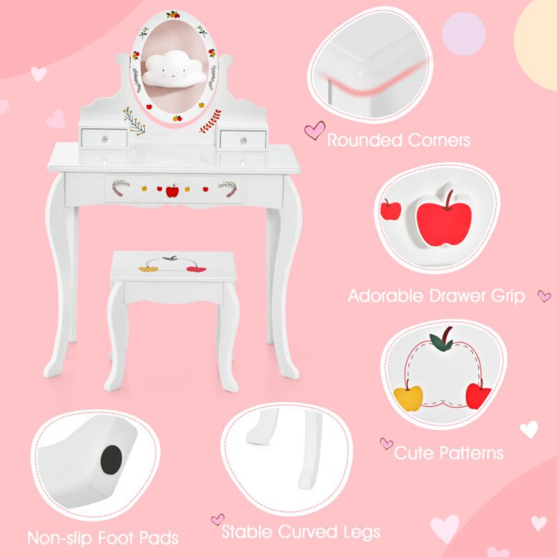 Hivvago Kids Vanity and Stool Set with 360Â° Rotatable Mirror and Whiteboard-White
