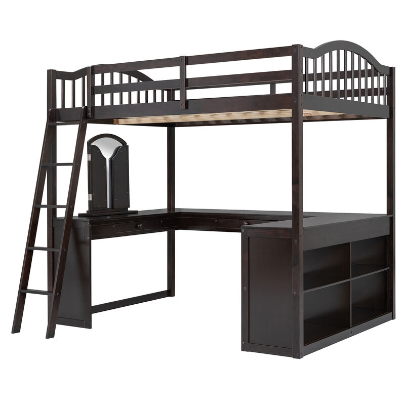 Wooden Loft Bed with U-Shaped Desk, Storage Compartments, and Tri-Fold Mirror