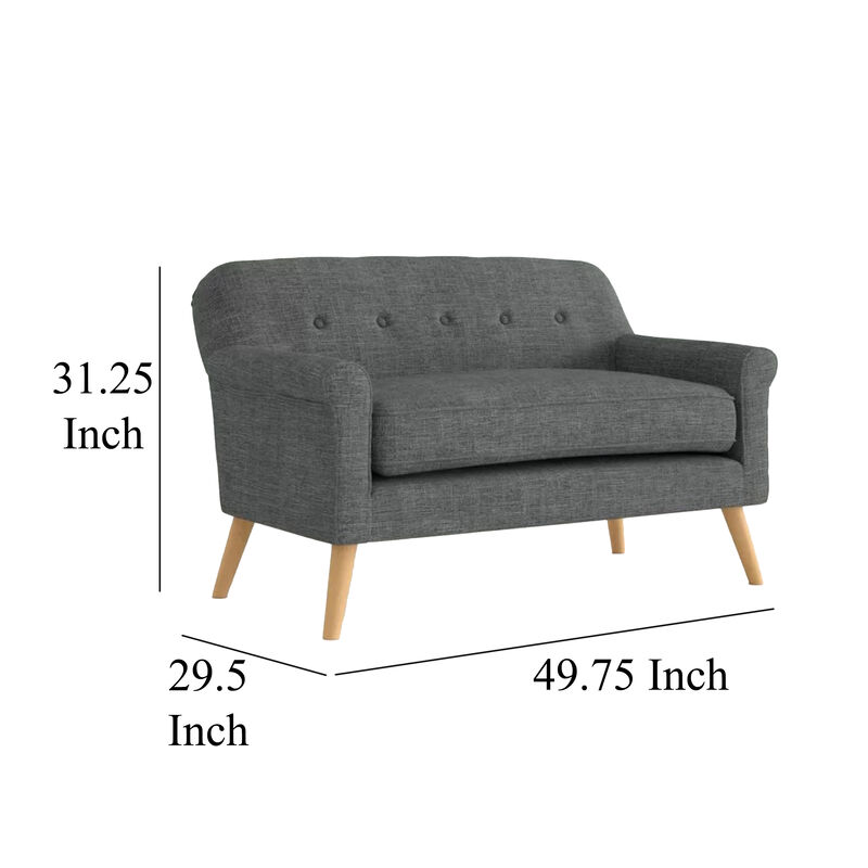Loveseat, 50 Inch Smooth Tufted Gray Polyester, Natural Brown Wood - Benzara