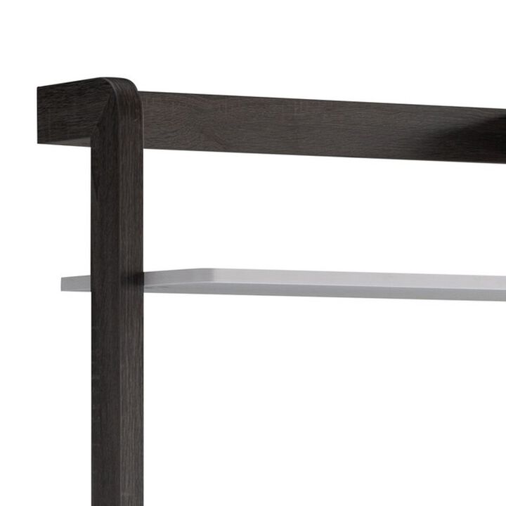 65 Inch Modern Display Cabinet, 4 Shelves, Drawer, Distressed Gray, White - Benzara