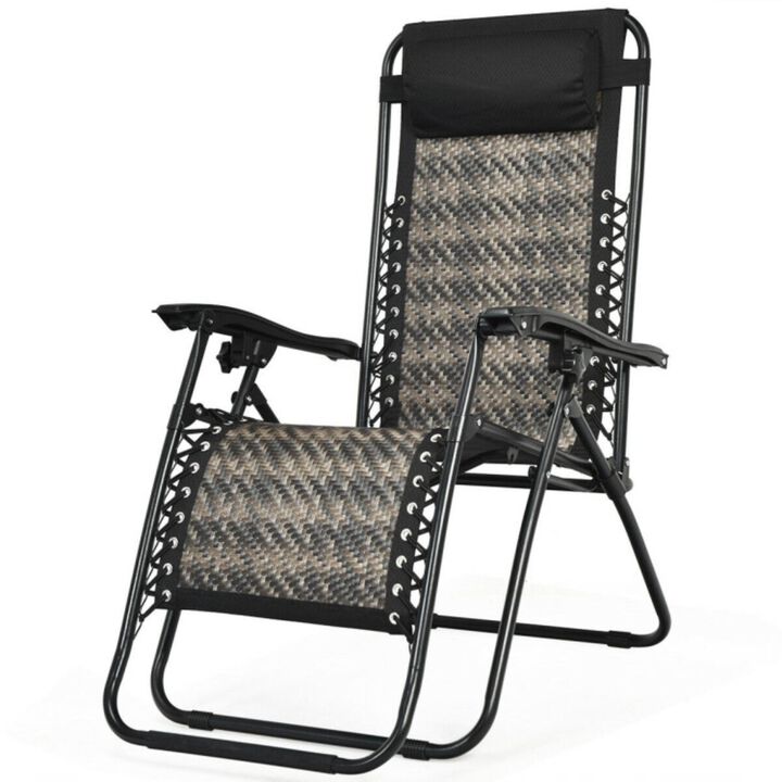 Hivvago Folding Rattan Zero Gravity Lounge Chair with Removable Head Pillow