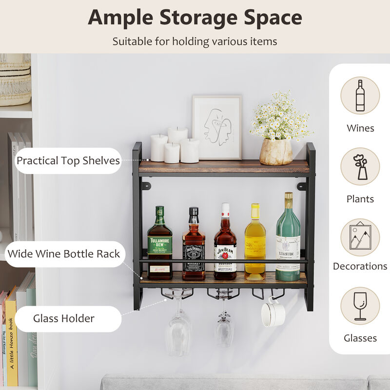 Wall Mounted Wine Rack with 2-Tier Shelves and 3 Glass Holders