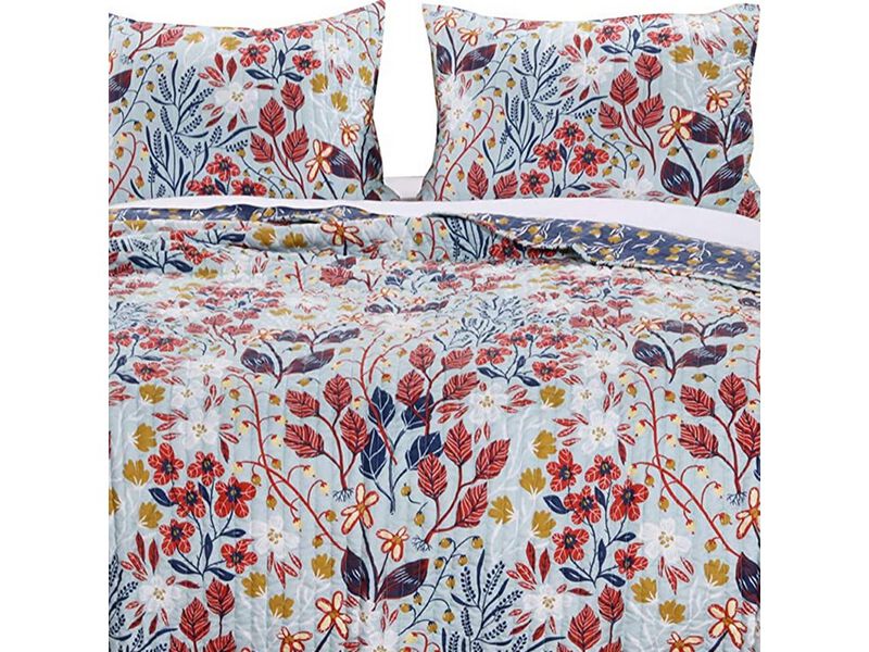 Full Size 3 Piece Polyester Quilt Set with Floral Prints, Multicolor - Benzara