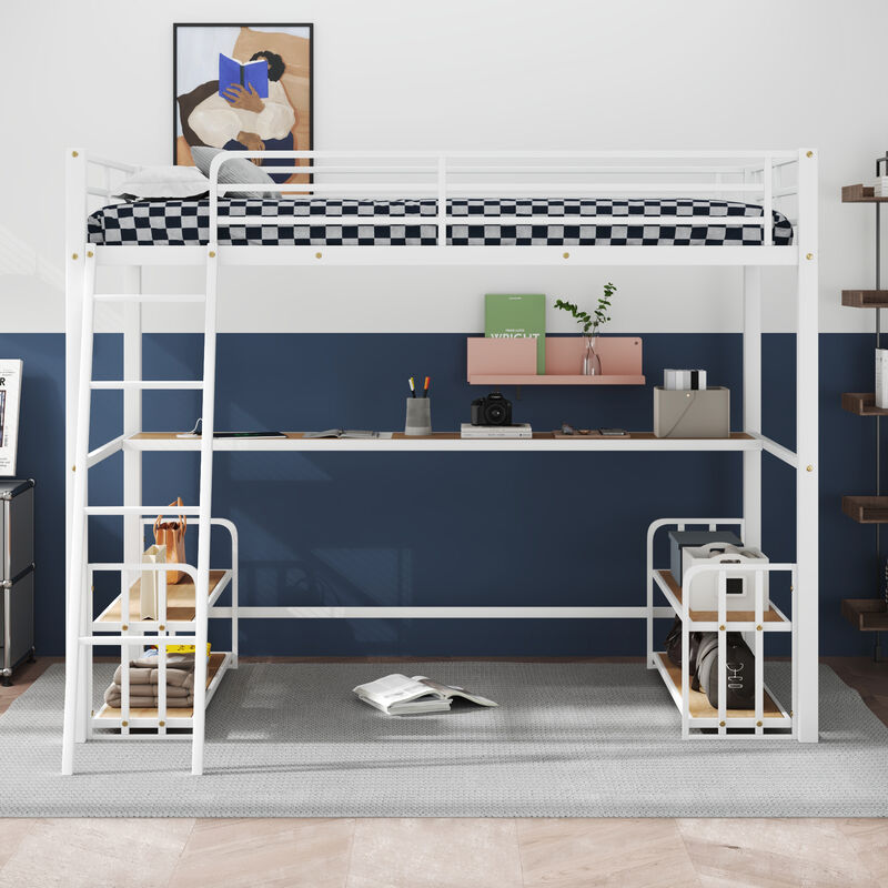 Merax Metal Loft Bed with Desk and Storage Shelves