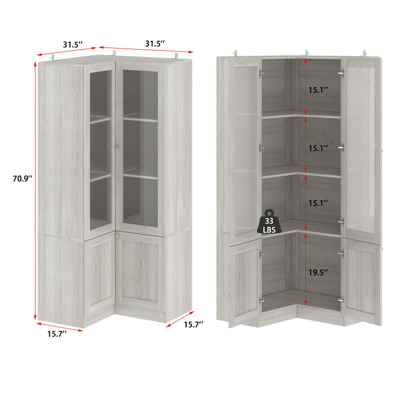 FUFU&GAGA Modern Wood Grain Food Pantry Cabinet with Adjustable Shelves and Glass Doors (31.5" W x 70.9" H x 31.5" D), Elegant Brass Pull Handles