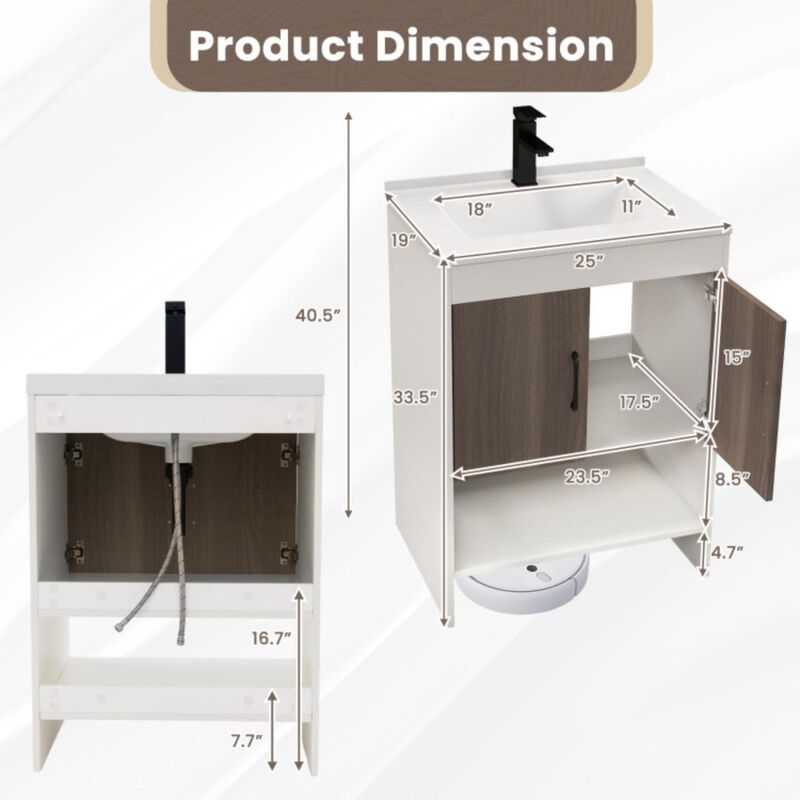 Hivvago 25 Inch Bathroom Vanity Sink Combo Cabinet with Doors and Open Shelf