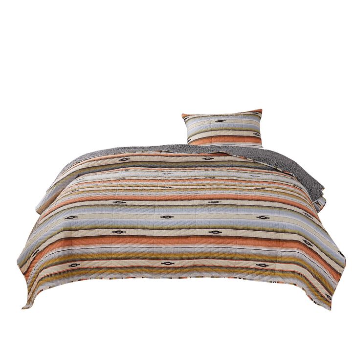 Reversible 2 Piece Twin Size Quilt Set with Stripes Pattern, Multicolor - Benzara