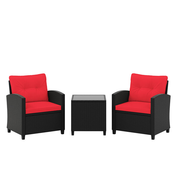 3 Pieces Patio Furniture Set with Tempered Glass Coffee Table