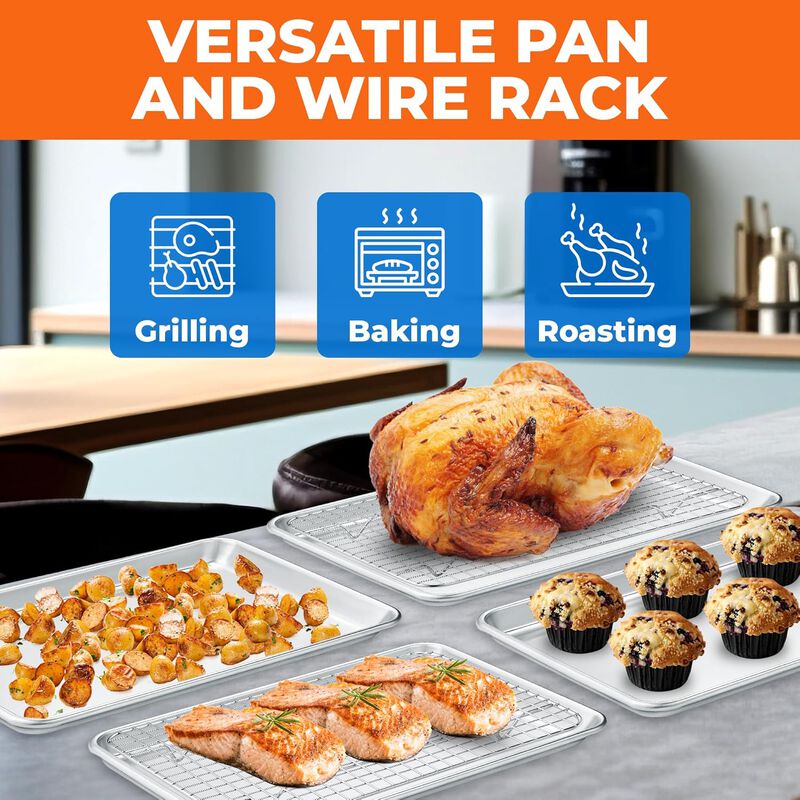 Baking Pan Set - 13" x 18" Aluminum Baking Pan with Stainless Steel Cooling Rack Set, PFOA, PFOS, PTFE Free, Recipe Booklet Included, Oven Safe Tray, Resist Heat Up To 500° F, Set of 2