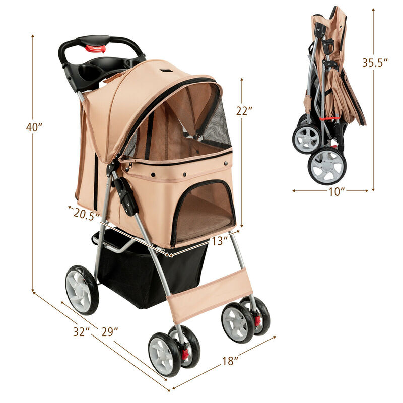 Costway Foldable Pet Stroller 4-Wheel Cat Dog Travel Carrier w/ Storage Basket