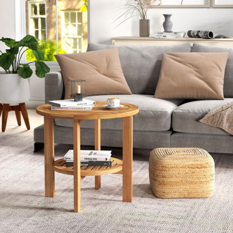 Outdoor Round Side Table Patio End Table with Slatted Storage Shelf for Garden or Backyard