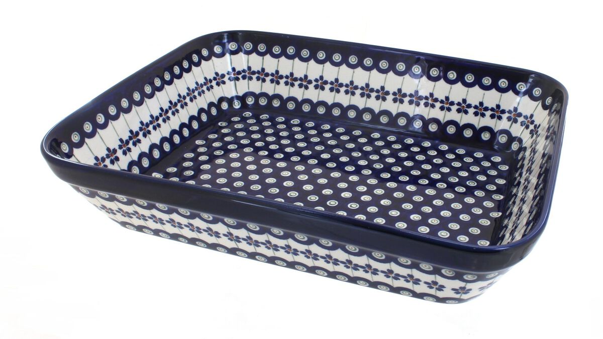 Blue Rose Polish Pottery Mosaic Flower Lasagna Dish