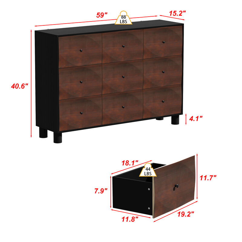 FUFU&GAGA Modern Dark Brown 9-Drawer Buffet Cabinet, Stylish Storage for Dining Room or Kitchen (59"W x 40.6"H x 15.2"D), Dark Brown