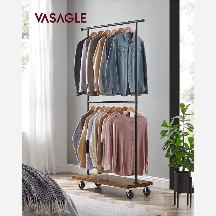 Heavy-Duty Double Rod Industrial Rolling Garment Rack with Wheels & Shelf