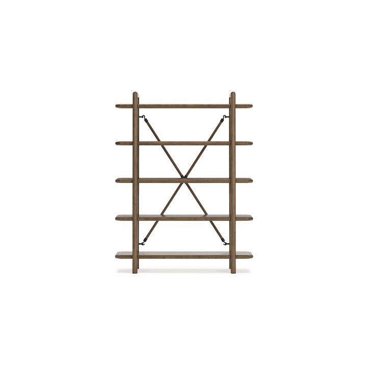 Rohan Bookcase w 5 Display Shelves, Brown Wood X Cross Back, 71 Inch - Benzara