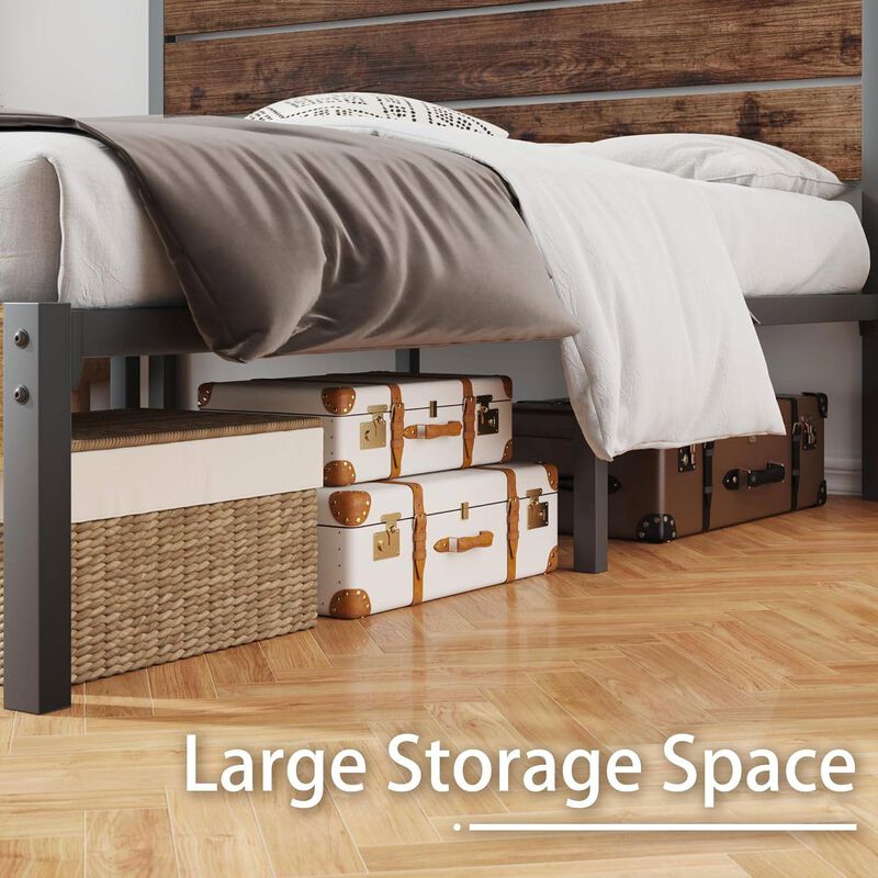Metal Platform Bed Frame with Rustic Wood Headboard in Farmhouse Style