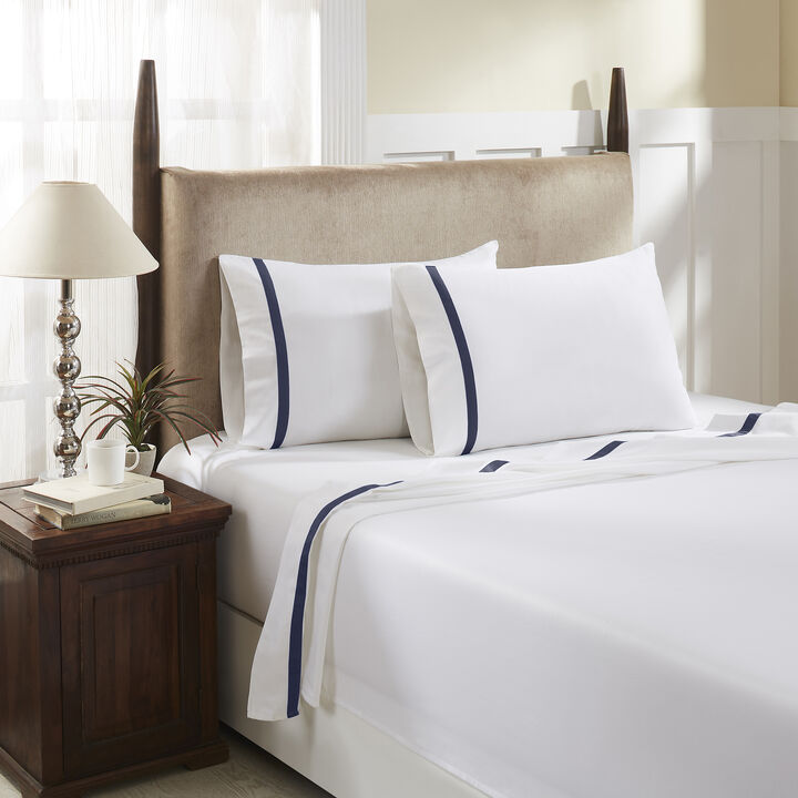 Hotel Concepts 500 Thread Count Deep Pocket Tonal Cotton Sateen Sheet - 4 Piece Set - King, White/Denim