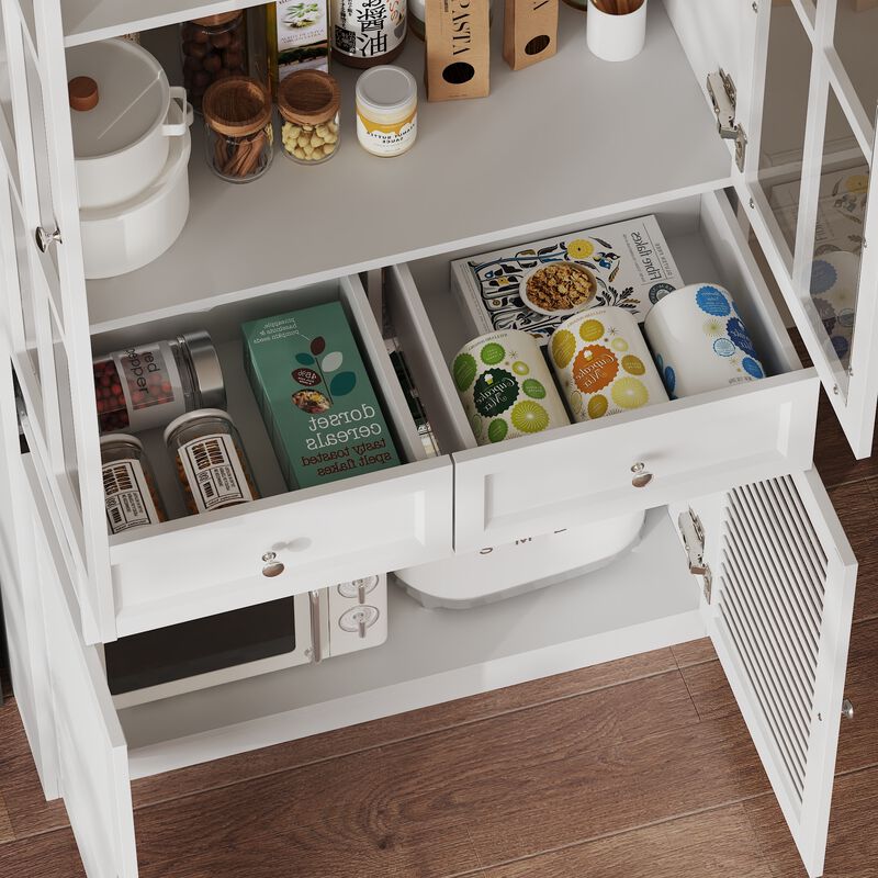 FUFU&GAGA Kitchen Pantry Cabinet with Glass Doors and Adjustable Shelves (31.5” W x 15.7” D x 78.7” H),White