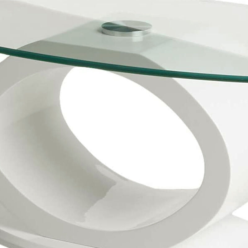 Contemporary Tempered Glass Top Coffee Table with O Shape Base, White-Benzara