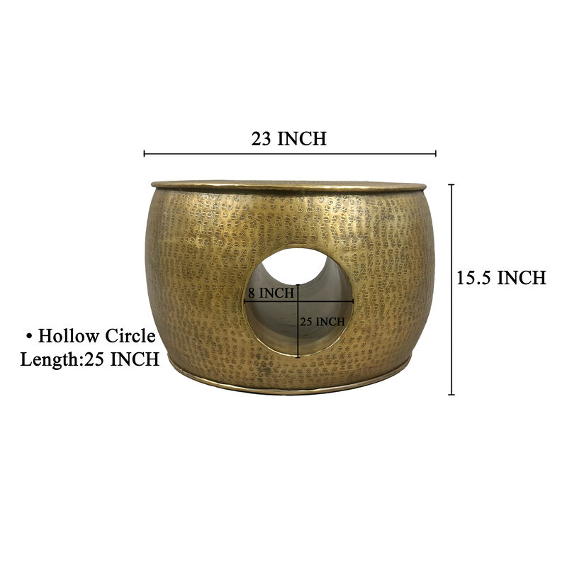 Nala 23 Inch Coffee Table, Low Round Drum Shape with Unique Hollow Center, Antique Brass Aluminum - Benzara