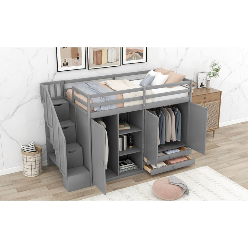 Functional Loft Bed With 3 Shelves, 2 Wardrobes And 2 Drawers, Ladder With Storage