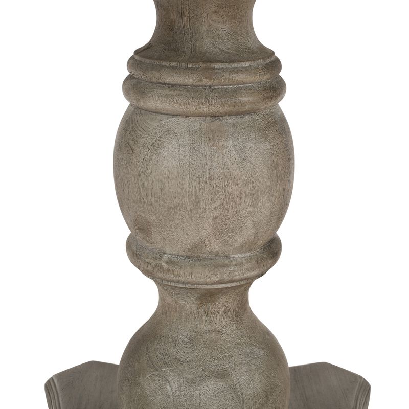 42 Inch Handcrafted Mango Wood Dining Table, Pedestal Base, Round Molded Top, Washed White, Gray-Benzara