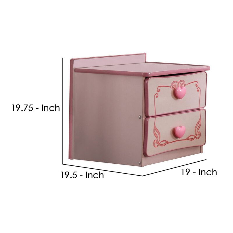 2 Drawer Wooden Nightstand with Heart Knob Pulls, Pink-Benzara