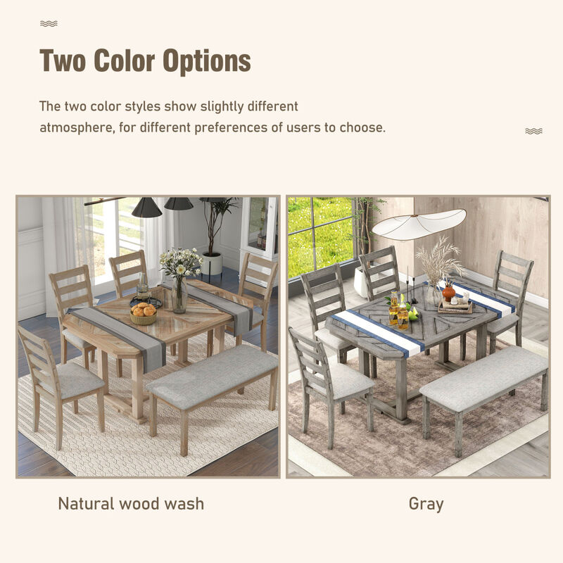 6-Piece Rubber Wood Dining Table Set with Beautiful Wood Grain Pattern Table Top Solid Wood Veneer and Soft Cushion