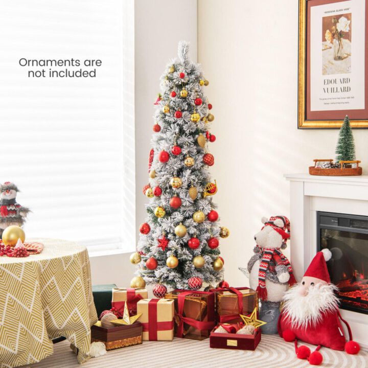 Hivvago 4.5/6/7 Feet Christmas Tree with 258 Branch Tips and 100 Incandescent Lights-Flocked and Slim