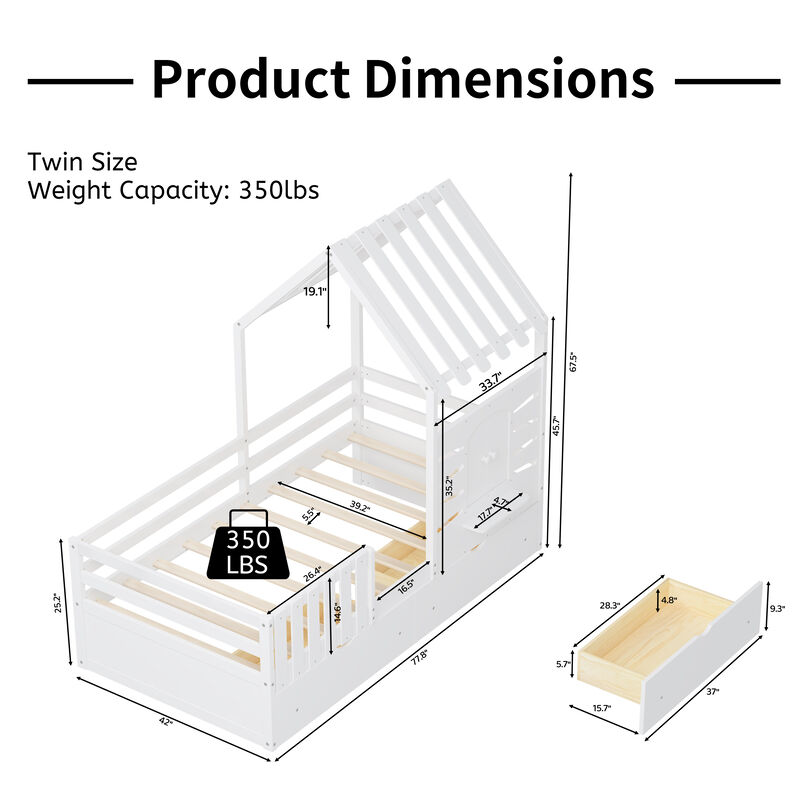 Merax House Platform Bed with 2 Drawers and Guardrails
