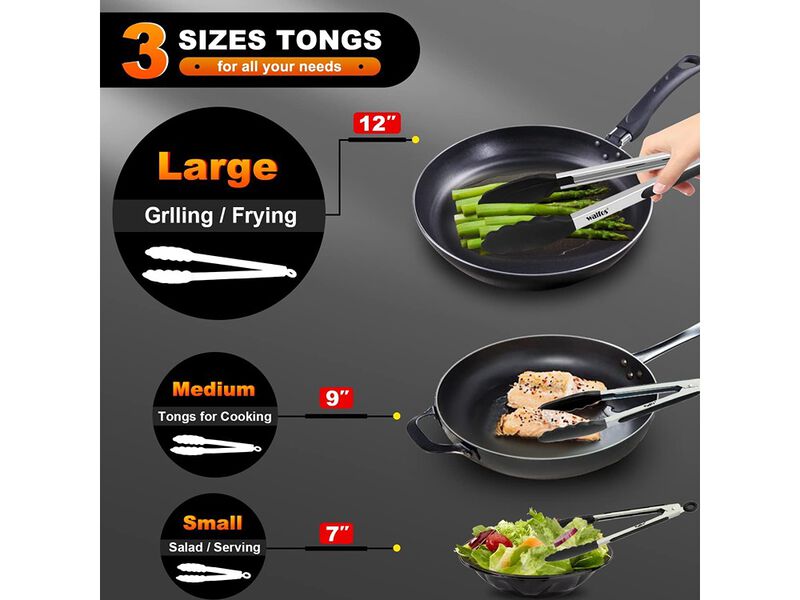 Walfos Kitchen Tongs - Heat Resistant Cooking Tongs Set of 3