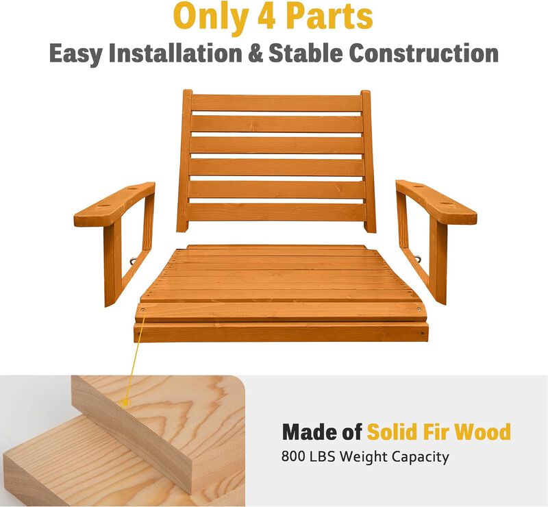 Solid Wood Porch Single Swing, Ergonomic Seat, Bench Swing with Hanging Chains and 7mm Springs, Heavy Duty 600 LBS, for Outdoor Patio Garden Yard ( 1-Seater)