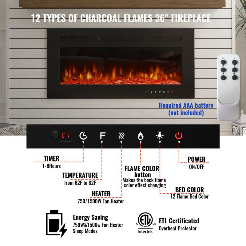 36 in. Direct Vent Electric Fireplace Insert with Remote Control