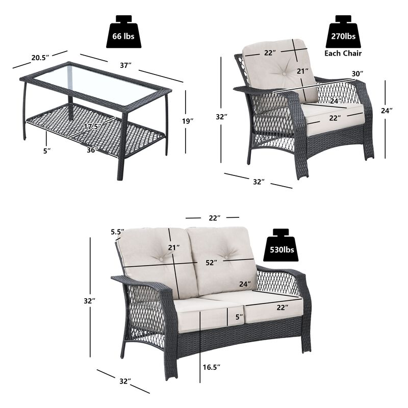 4 Pieces Patio Wicker Furniture Conversation Sets with Coffee Table and Cushions
