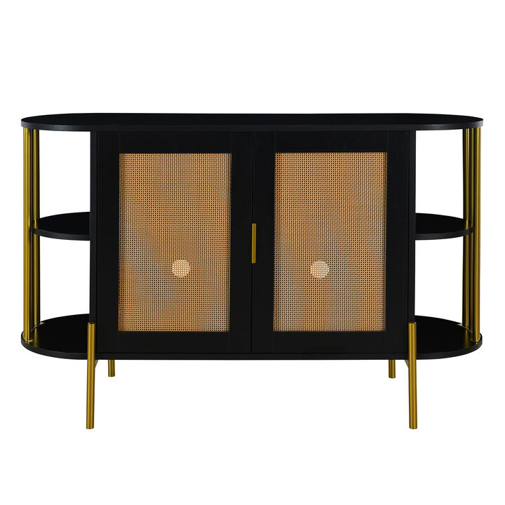 Clihome 2-Door Elegant Curved Dining Cabinet with Gold Trim and Woven Rattan Doors for Dining Room (Black)